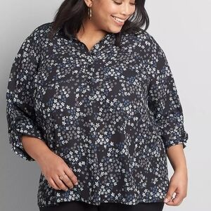 Lane Bryant Blue And White Floral On Black Button-Down Blouse 14/16